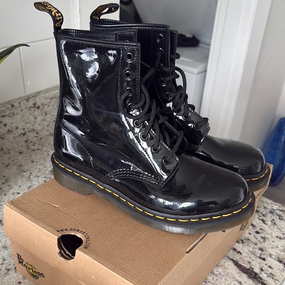 Dr. Martens Glossy Black Boots with Yellow Stitching